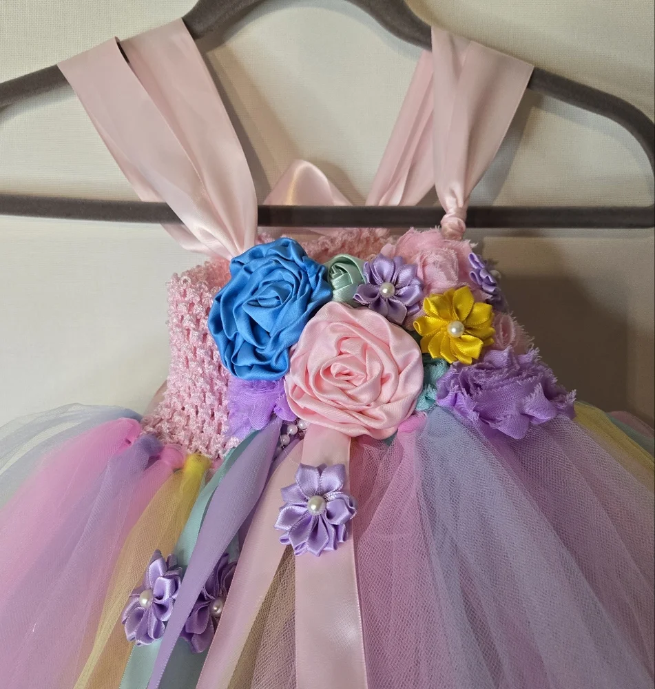ANGEL TUTU Girls Pastel Floral Tulle Dress With Satin Flower Embellishments